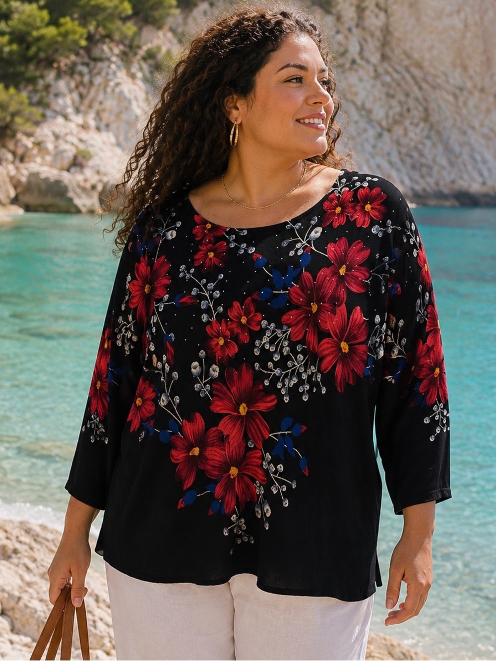 Floral Black Blouse with Red and Blue Accents